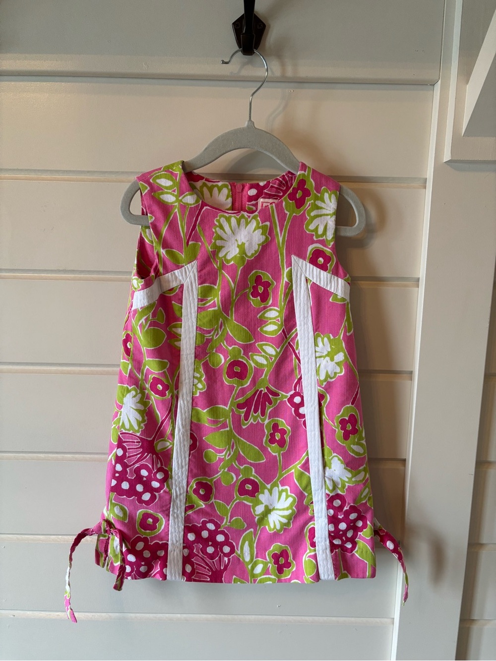 Lilly Pulitzer Pink+Green Floral Cotton Shift Dress w/ zipper+ties